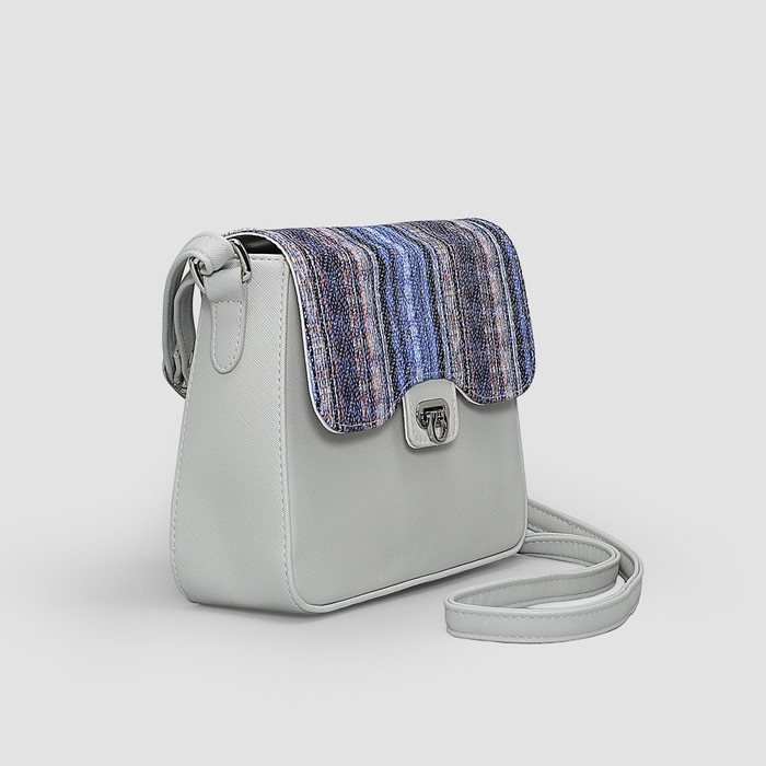 Сумка женская на клапане, 1 отдел, наружный карман, регулируемый ремень, цвет бежевый/синий