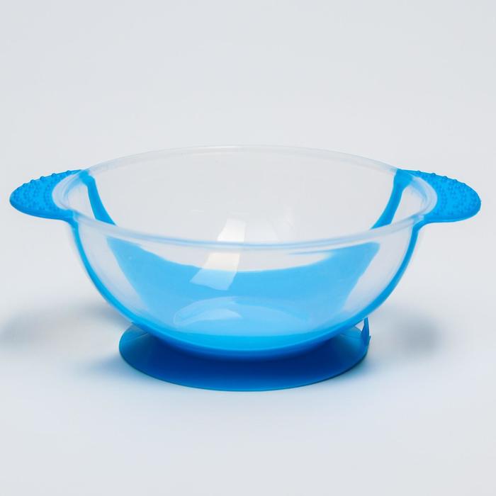 Набор для кормления, 3 предмета: тарелка на присоске 350 мл, крышка, термоложка, цвет синий