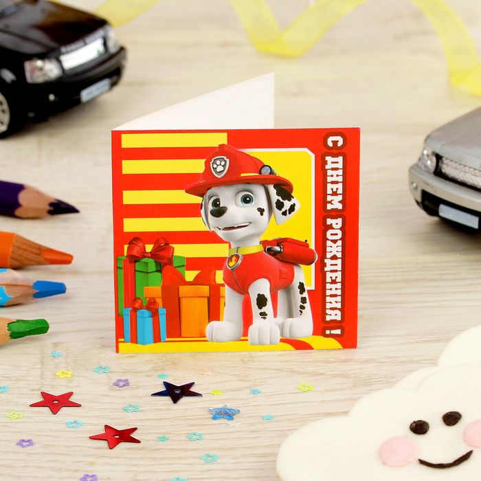 Щенячий патруль. Мини-открытка "С днем рождения!", Маршал, 6х6 см