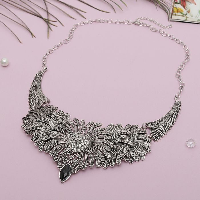 Колье "Императрица", цвет чёрно-белый в чернёном серебре