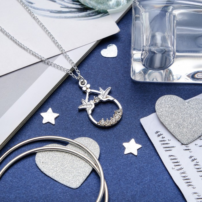 Кулон "Птички" пара, цвет белый в серебре, 43см