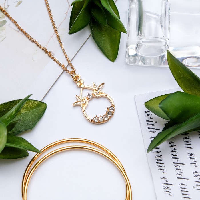 Кулон "Птички" пара, цвет белый в золоте, 43см