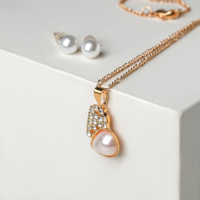 Гарнитур 2 предмета: серьги, кулон "Сердце", цвет белый в золоте, 43см