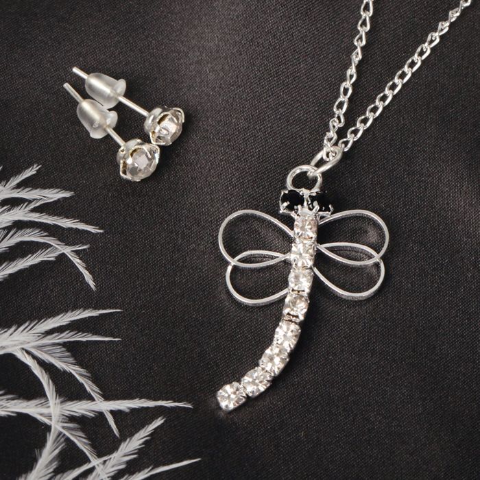 Гарнитур 2 предмета: серьги, кулон "Стрекоза", цвет белый в серебре