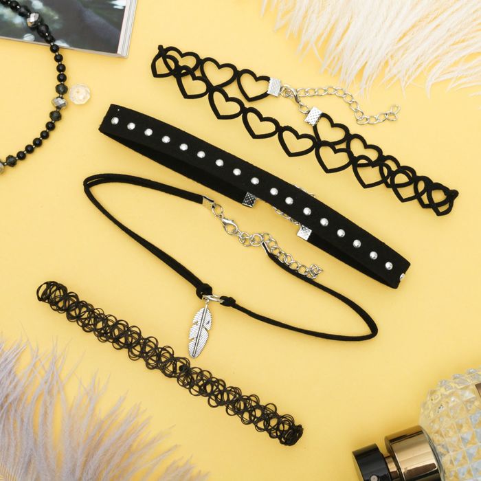 Чокер "Ассорти" романтика, (набор 4 шт), цвет чёрно-серебряный