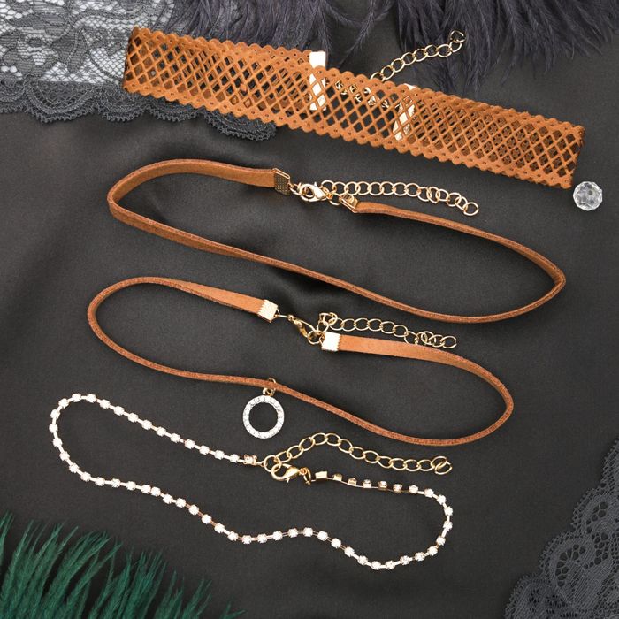 Чокер "Ассорти" модерн, (набор 4 шт), цвет коричнево-золотой