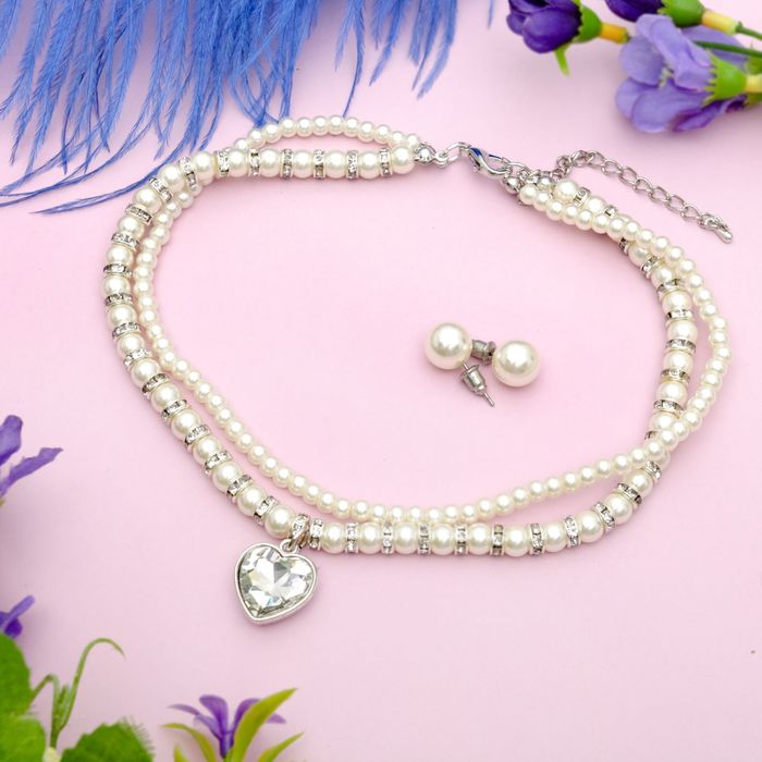 Набор 2 предмета: чокер, серьги "Торжество" сердце, цвет бело-серебряный