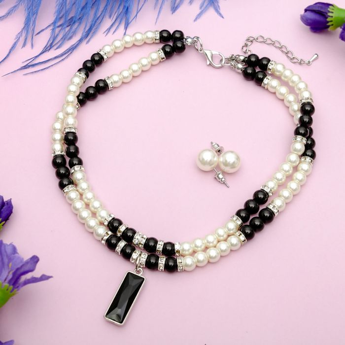 Набор 2 предмета: чокер, серьги "Торжество" прямоугольник, цвет бело-чёрный в серебре