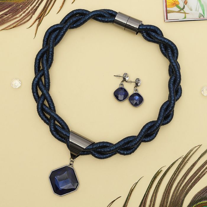 Набор 2 предмета: серьги, колье "Шанталь" косичка, цвет темно-синий в сером металле