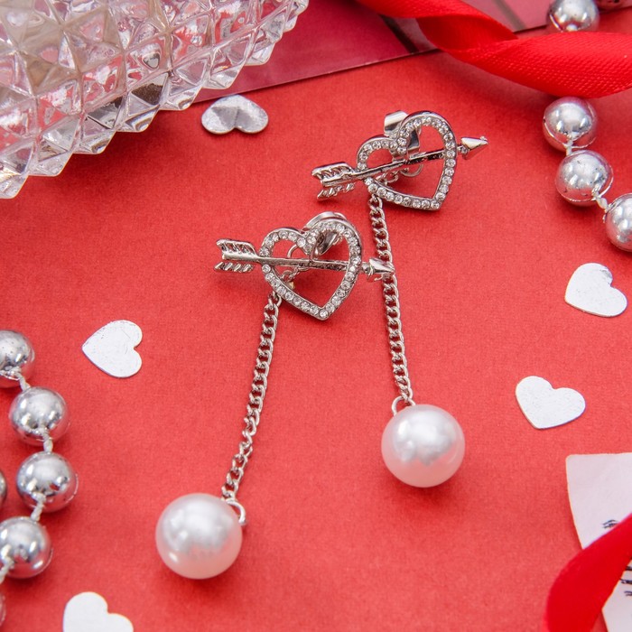 Серьги с жемчугом "Бусина" на цепочке, сердце, цвет белый в серебре