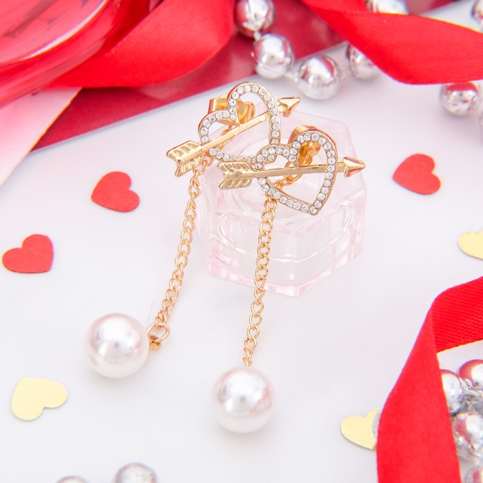 Серьги с жемчугом "Бусина" на цепочке, сердце, цвет белый в золоте