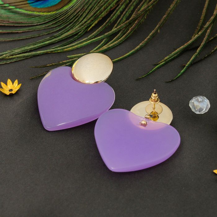 Серьги пластик "Яркая юность" сердце с кругом, фиолетово-золотой