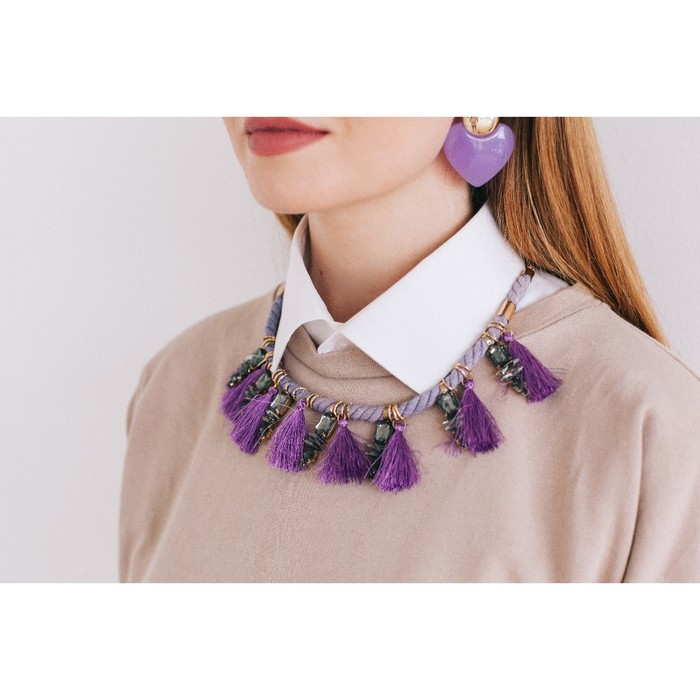 Серьги пластик "Яркая юность" сердце с кругом, фиолетово-золотой