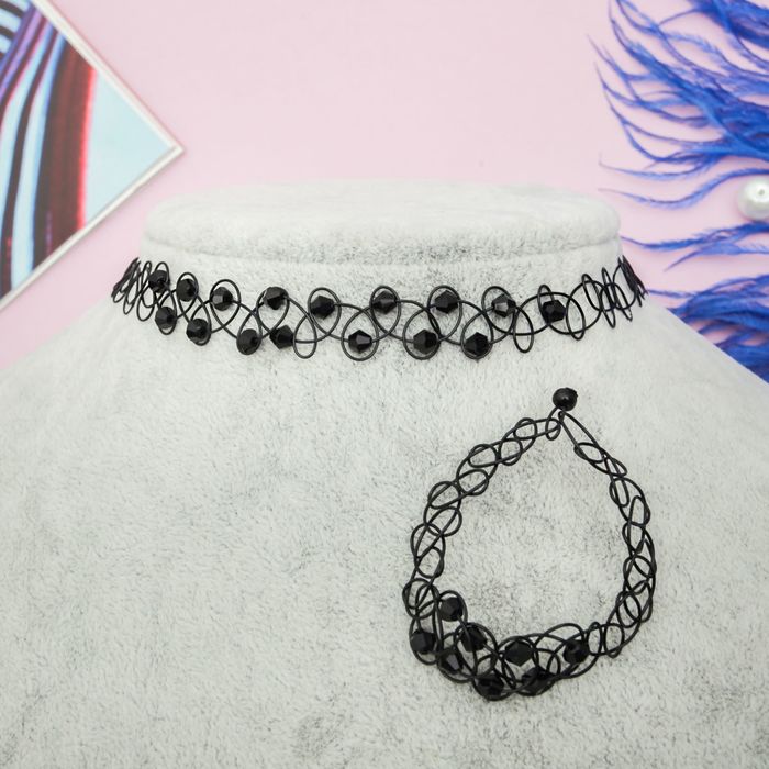 Набор 2 предмета: чокер, браслет "Классика с хрусталиками", цвет черно-антрацитовый