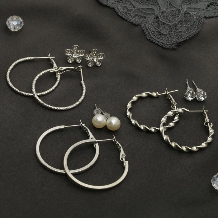 Серьги-кольца 6 пар "Настроение" романтика, цвет бело-серебряный