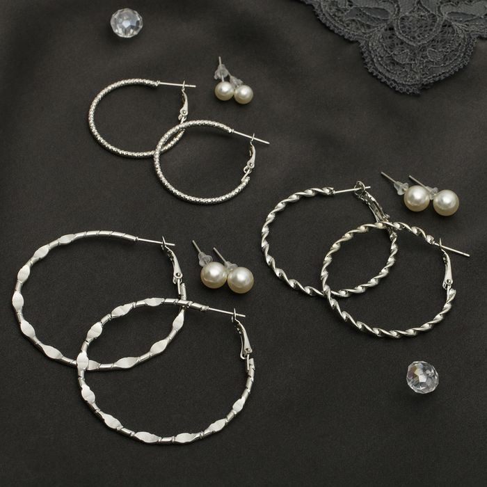 Серьги-кольца 6 пар "Настроение" утончённость, цвет бело-серебряный