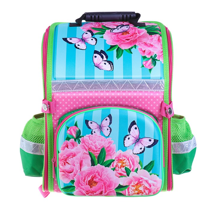 Ранец школьный каркасный с ортопедической спинкой 35*26*16 см 2 отделения 3 кармана «Цветы»