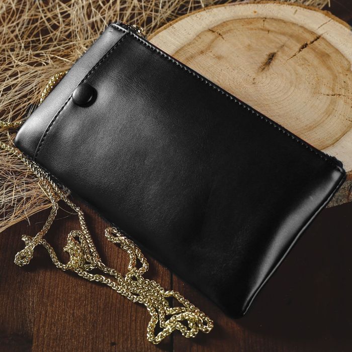 Клатч женский, отдел, для карт, наружный карман для телефона, длинная цепь, цвет чёрный