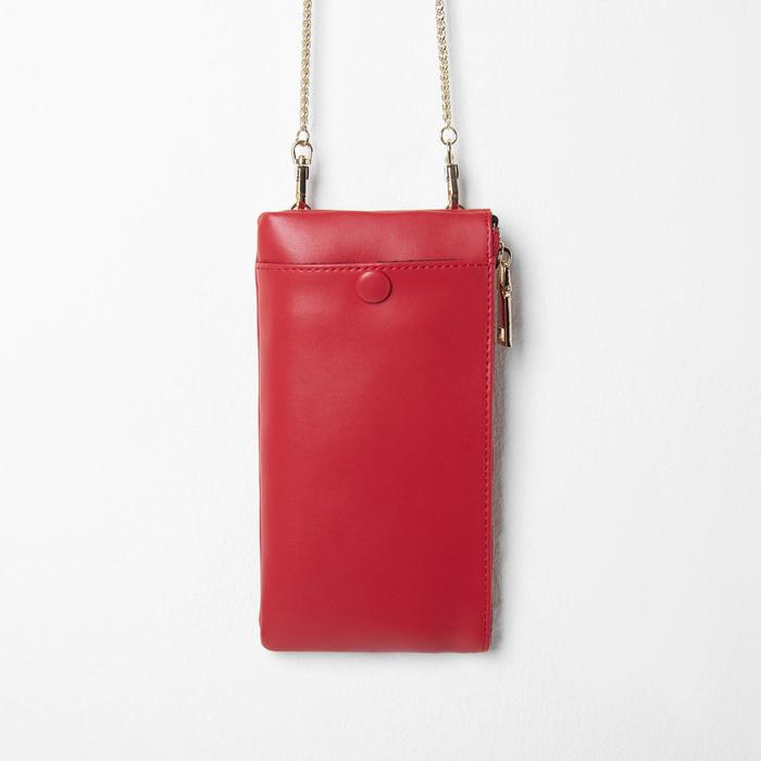 Клатч женский, отдел, для карт, наружный карман для телефона, длинная цепь, цвет красный