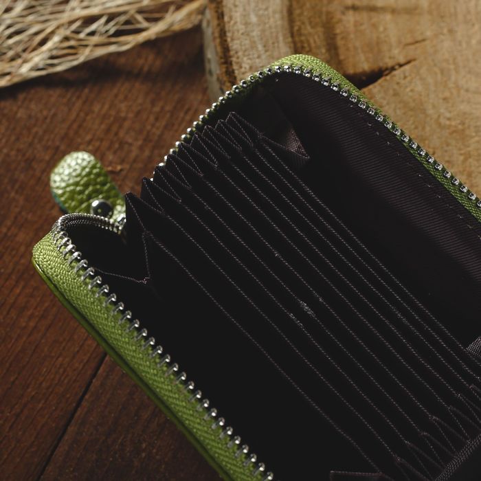 Визитница на молнии, 1 отдел, 10 карманов, цвет зелёный