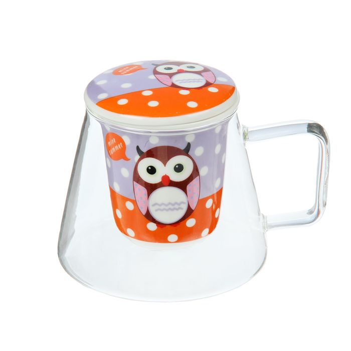 Кружка 410 мл "Сова-кокетка", с крышкой и керамическим ситом, цвета МИКС