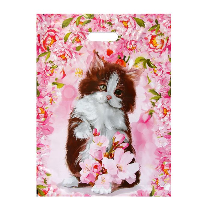 Пакет "Котенок в цветах", полиэтиленовый с вырубной ручкой 36,5 х 48 см, 50 мкм