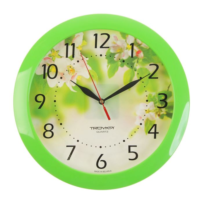 Часы настенные круглые "Цветы", зеленый обод, 29х29 см