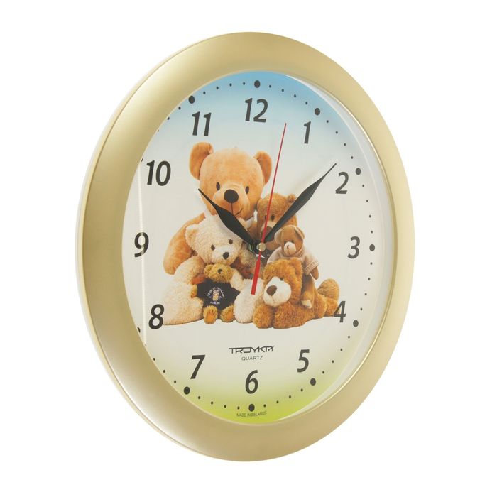 Часы настенные круглые "Плюшевые мишки", золотистый обод, детские, 29х29 см