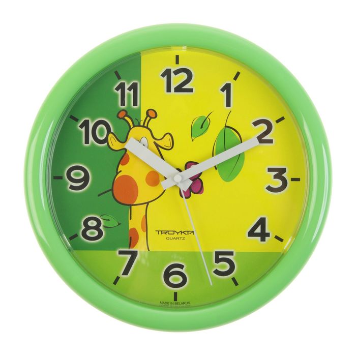 Часы настенные круглые "Жираф", зеленый обод, детские, 24х24 см