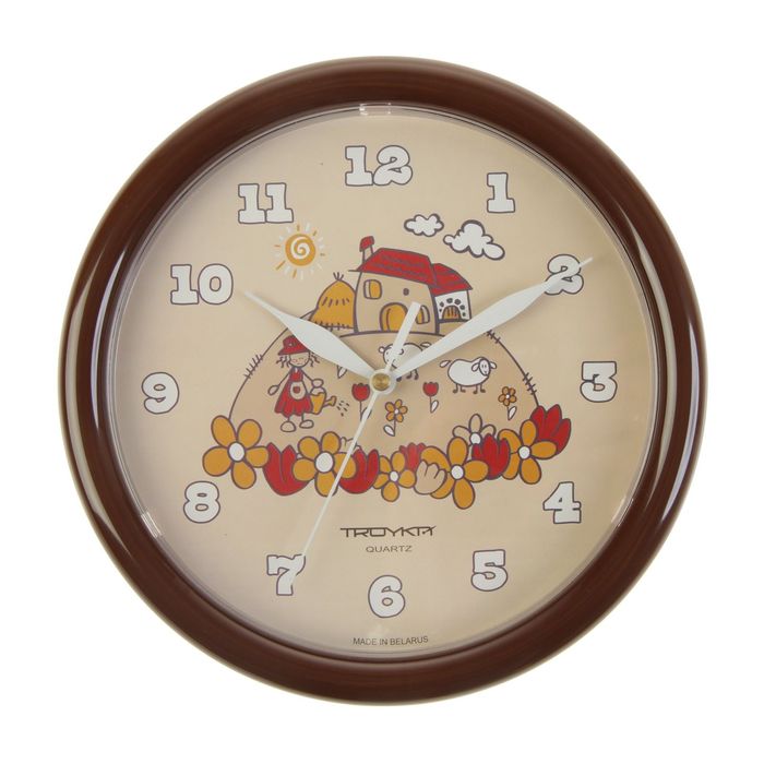 Часы настенные круглые "Дом", коричневый обод, детские, 24х24 см