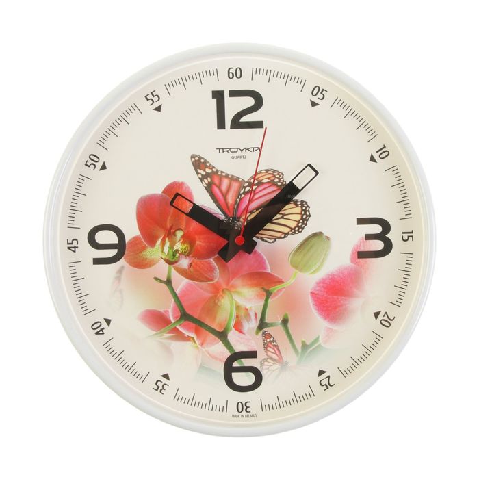 Часы настенные круглые "Бабочка на цветке", белый обод, 30х30 см