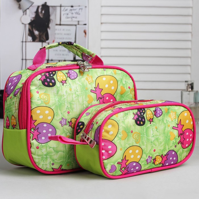 Набор косметичек школьный «Ягодки», на молнии, цвет зелёный