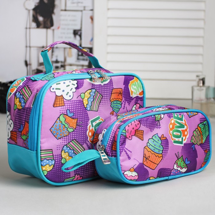 Набор косметичек школьный «Пироженка», на молнии, цвет сиреневый/голубой