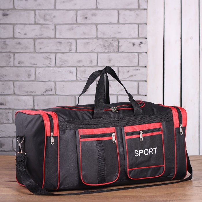 Сумка спорт Sport, 60*25*28, отд на молнии, 4 н/кармана, длин ремень, черный/красный