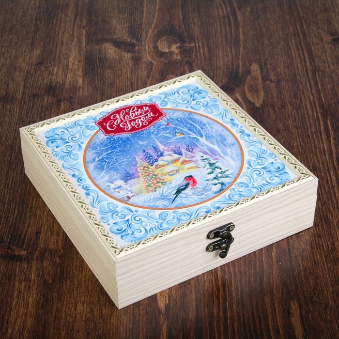 Шкатулка "Новогодняя" выбеленный дуб 20х20х6,5 см