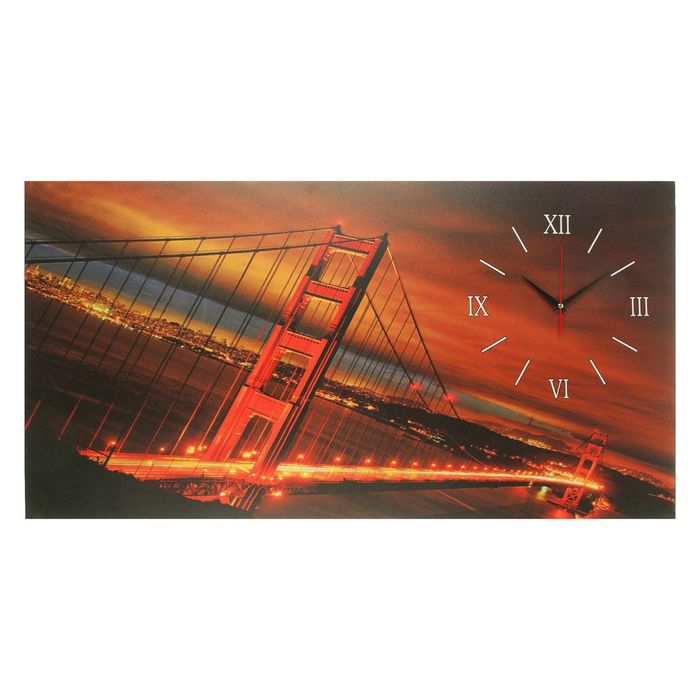Часы на холсте "Мост над рекой", 50х100 см