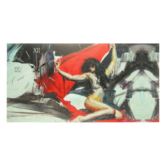 Часы на холсте "Силуэт девушки с красным полотном", 50х100 см