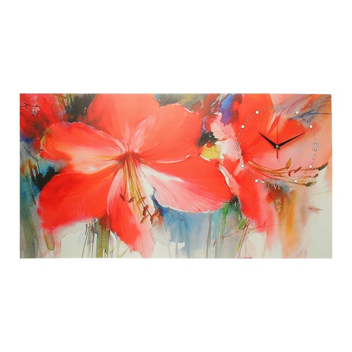 Часы на холсте "Нарисованные цветки", 50х100 см