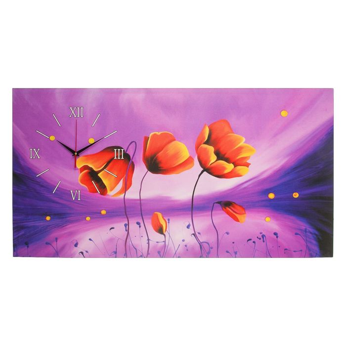 Часы на холсте "Три нарисованных цветка", 50х100 см