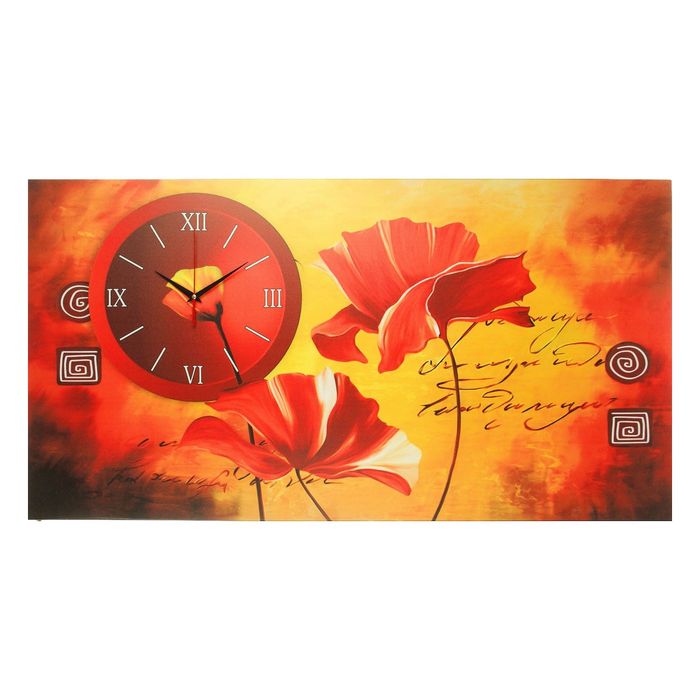 Часы на холсте "Красные цветки", 50х100 см