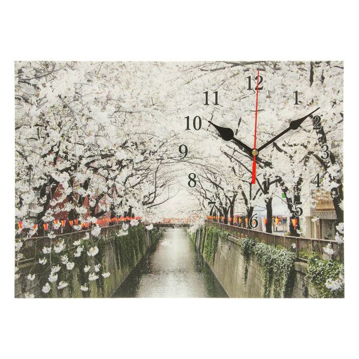 Часы на холсте "Белая сакура над рекой", 25х35 см