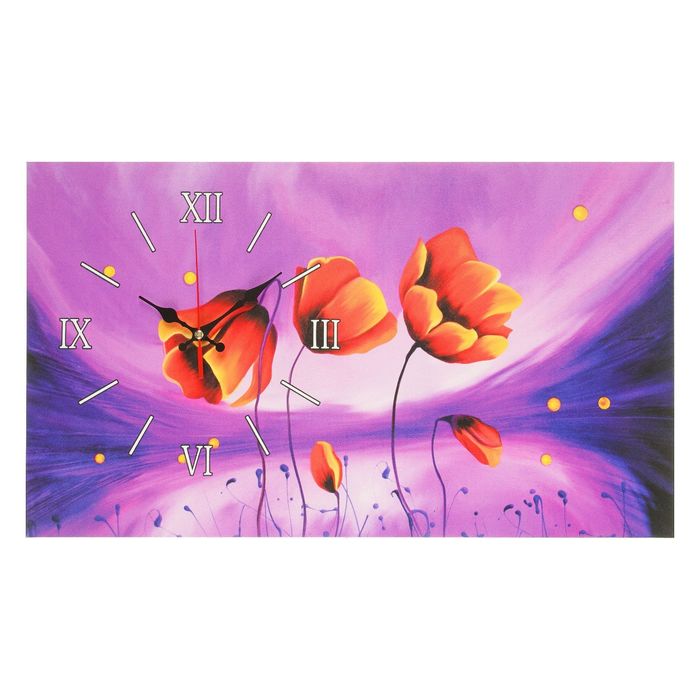 Часы на холсте "Три красных цветка", 35х60 см