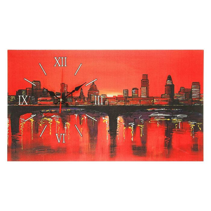 Часы на холсте "Красный закат в городе", 35х60 см