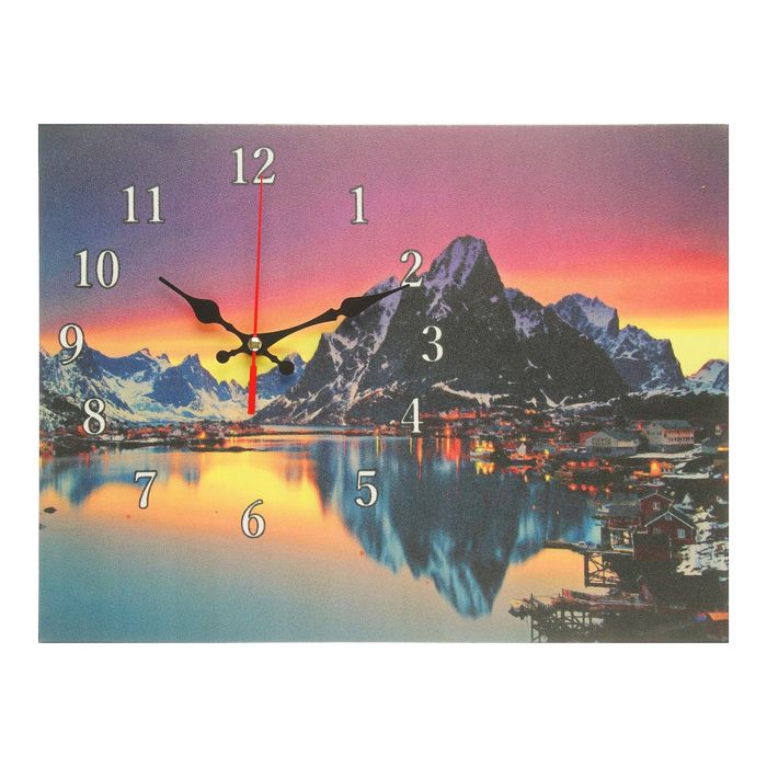 Часы на холсте "Багровый закат в рыбацкой деревне", 30х40 см