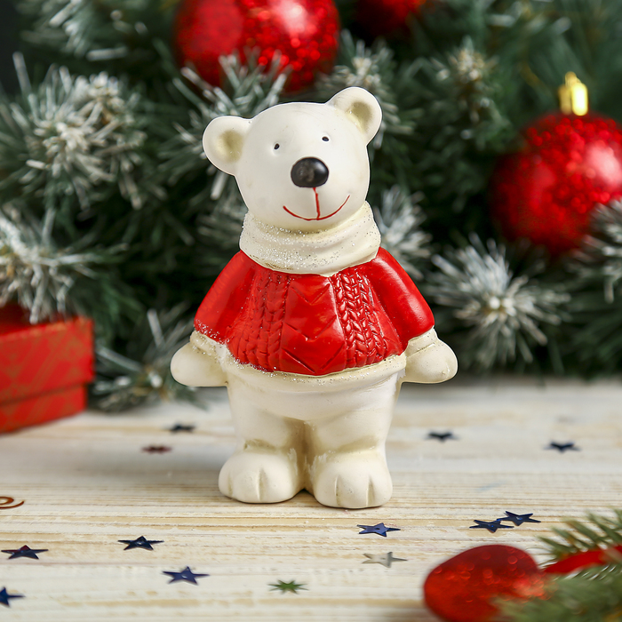 Сувенир керамика "Белый мишка в красном свитере" 12х8,5х5,3 см