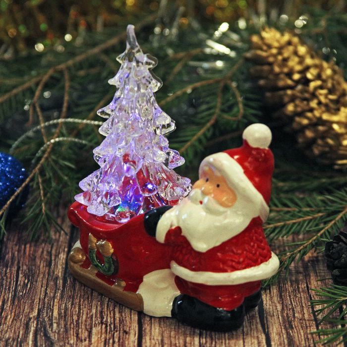 Сувенир керамика световой "Дед Мороз с ёлочкой в санях" 10,5х9,5х4,3 см