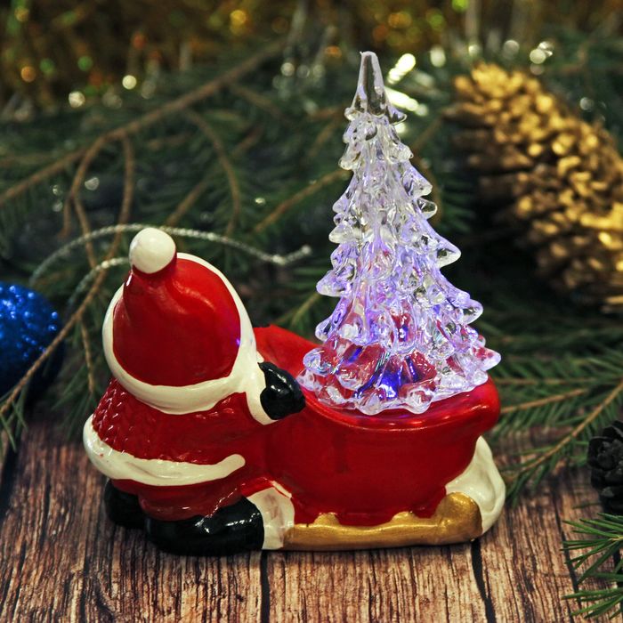 Сувенир керамика световой "Дед Мороз с ёлочкой в санях" 10,5х9,5х4,3 см