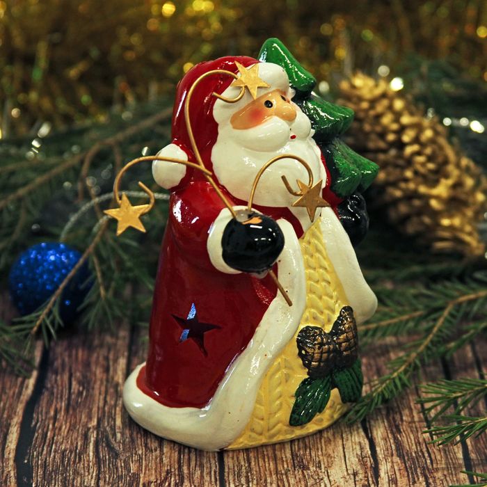 Сувенир керамика световой "Дед Мороз в красной шубе с ёлкой и звездным посохом" 11,5х8,5х7 см 1873