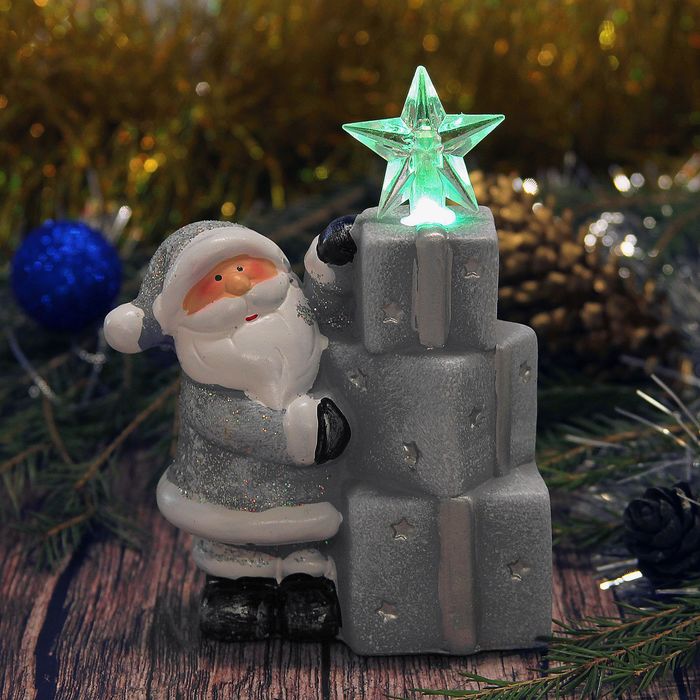 Сувенир керамика световой "Дед Мороз с подарками" серебро 12,7х9,5х4,8 см