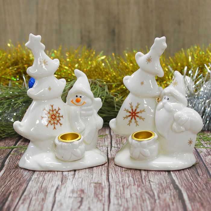 Сувенир керамика подсвечник "Белоснежный Дед Мороз/Снеговик у ёлки" МИКС 13,3х10х6,7 см